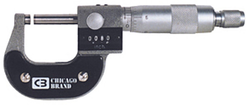 Chicago Brand Digital Micrometer has vernier scale, thimble ratchet/lock, smooth movement, range 0-1"
