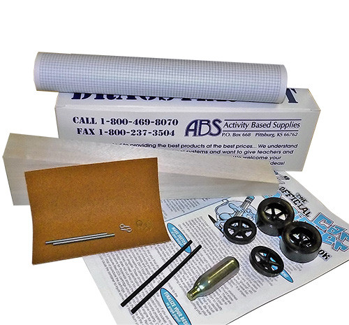 ABS CO2 Dragster Individual Kit supplies with basswood body blank, sandpaper, wheels and axles