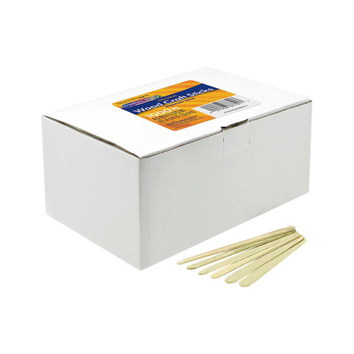 white cardboard box with 1000 plain wooden craft sticks that are 4-1/2 inches long
