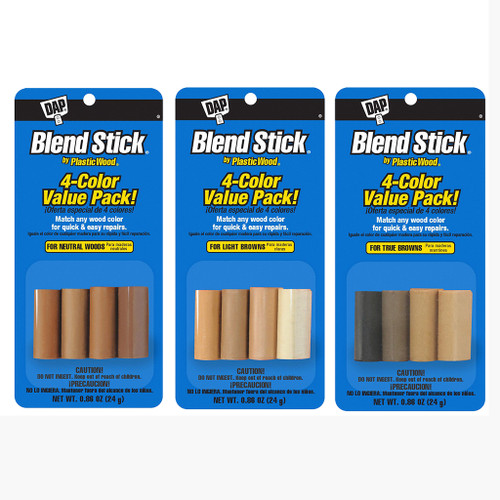 3 blue packages each have 4 sticks of Dap wood filler in shades for neutral, light, and true browns