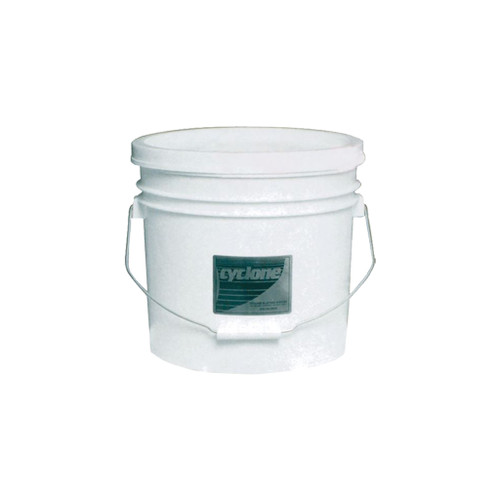 white plastic bucket with metal handle and green cyclone label on front holding coarse 40-60 grit glass beads