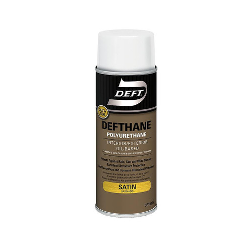 11.5 ounce aerosol spray can of deft polyurethane with a clear satin gloss finish