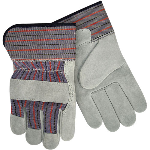 size large multipurpose work gloves with fully-lined leather palms, wing thumb, rubberized short cuff
