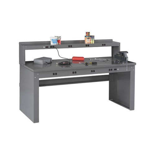 Tennsco Electronics Work Bench w/stringer, outlet panel & electronic riser, 6'W x 30"D x 33-1/2"H, Steel Top