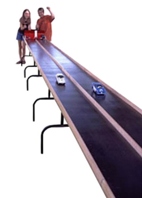 two children playing with ABS CO2 Dragsters on wooden Elevated Racetrack with folding steel legs