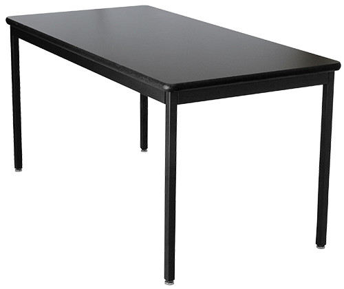 black rectangular 60" x 24" table with 4 black legs that are at a fixed height of 29" tall