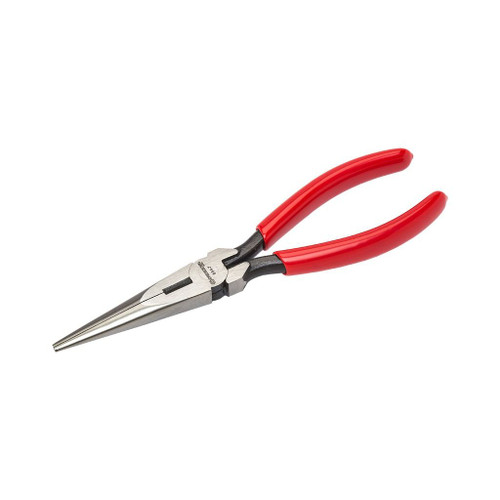 7" long nose pliers with side cutting edges, polished steel head, red non-slip cushion-grip handles