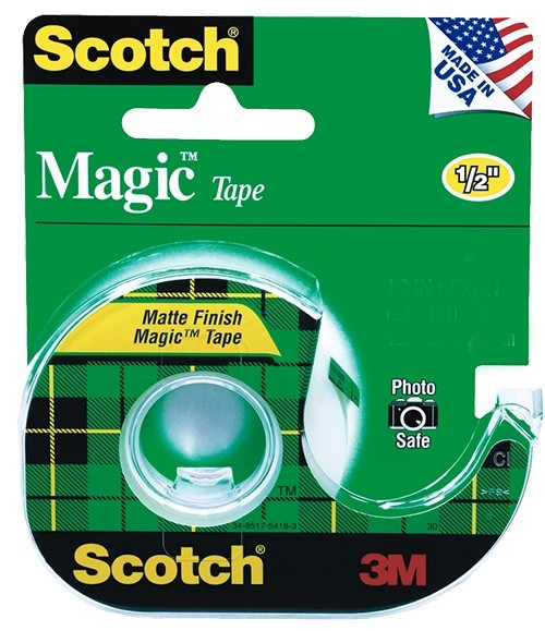 roll of 3m scotch magic tape with matte finish is photo safe and 1/2"W x 450"L comes in plastic dispenser