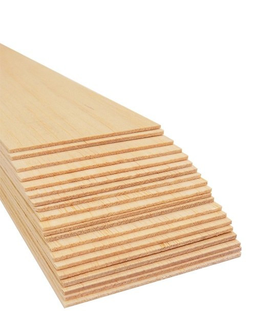 tiered stack of 20 sheets of light-colored kiln-dried 1/16" x 3" x 36" balsa wood