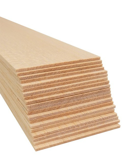 tiered stack of 20 sheets of light-colored kiln-dried 3/32" x 3" x 36" balsa wood
