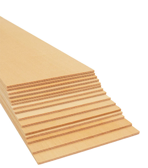 tiered stack of 1/16" x 3" x 24" Bud Nosen basswood sheets for architectural or engineering models