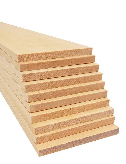 tiered stack of 1/4" x 3" x 24" Bud Nosen basswood sheets for architectural or engineering models