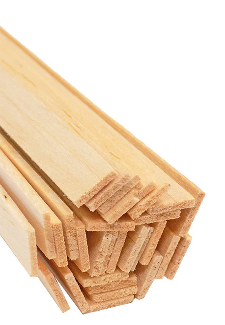 cut end of 28-pack bundle of light-colored bud nosen 1/16"H x 3/8"W x 24"L basswood strips