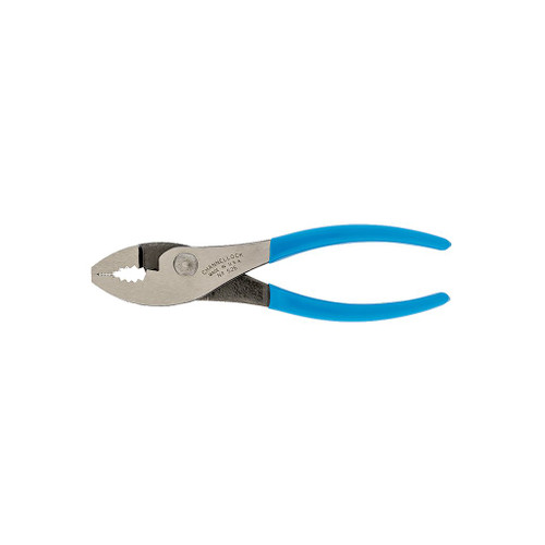 Channellock 6" slip joint pliers with thick nose, shear-type wire cutter, blue comfort grip handles 