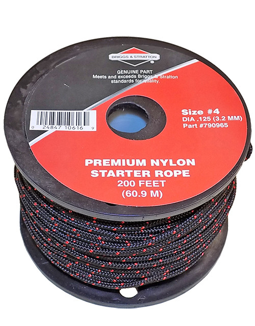 200 foot spool of black and red briggs & stratton premium nylon starter rope in size #4 has 3.2mm diameter
