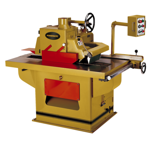 mustard yellow straight line rip saw made from cast iron with 18" rip and 3-7/8" depth of cut capacities