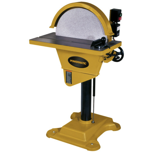 mustard yellow 20" disc sander with cast iron base, black stem, silver sanding disc, and black table