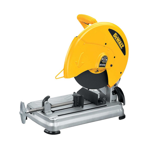 yellow dewalt saw cover with black saw blade and silver cutting table with black feet for stability.