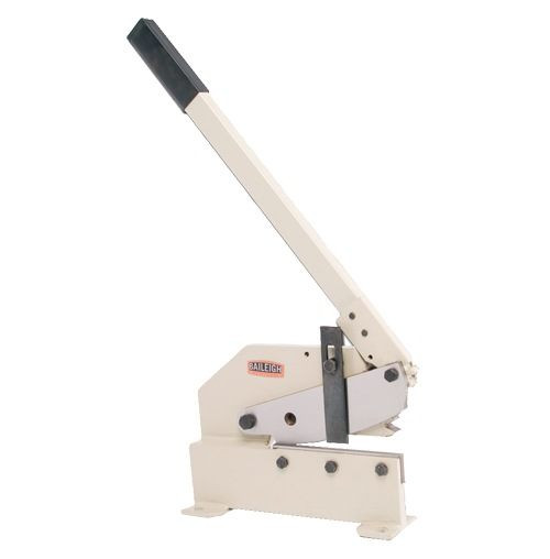 off-white 8" bench-mounted multi-purpose manual sheet metal shear with adjustable material hold down