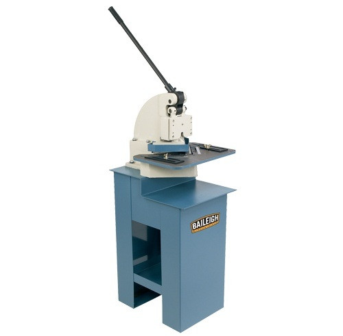 blue cast iron Baileigh Manual Corner Notcher with blade guard, oversized table and sturdy floor stand