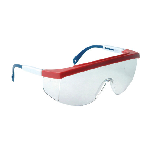 Radians Galaxy™ safety glasses have 1-piece clear lens with side shields and Red/White/Blue frame