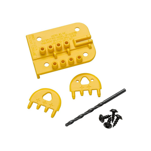 yellow plate with 8 screw holes next to black drill bit and four black screws