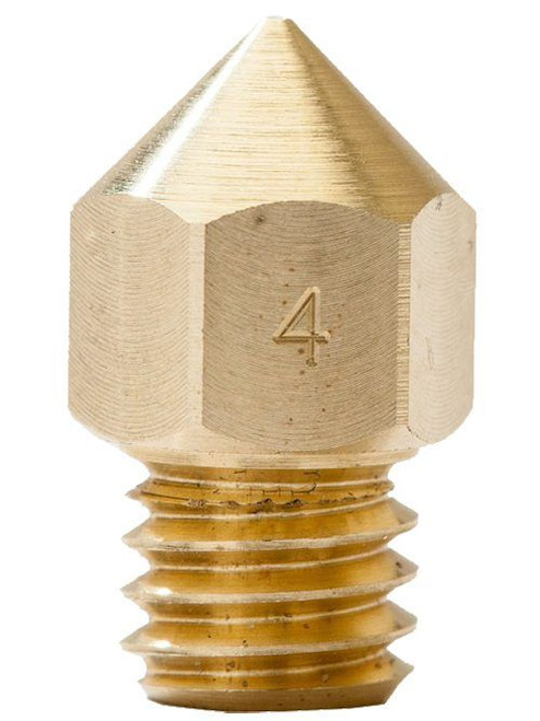 gold screw with pointed hexagon shaft and pointed tip that has number 4 printed on one side