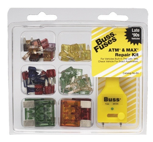 clear plastic case containing 64 pieces of atm and max blade fuses plus ft-3 fuse tester/puller