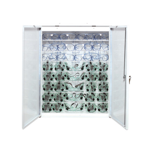 white enameled steel cabinet with two open doors showing 10 fog-free safety goggles and 36 safety glasses