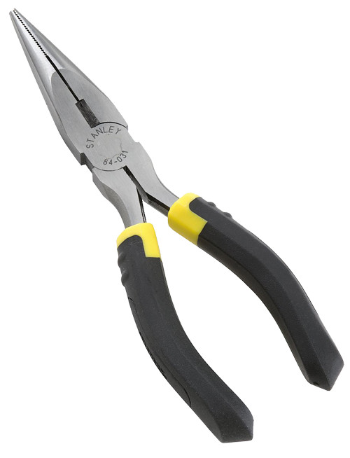 6" long stanley long nose pliers with black and yellow handles and drop-forged steel for strength