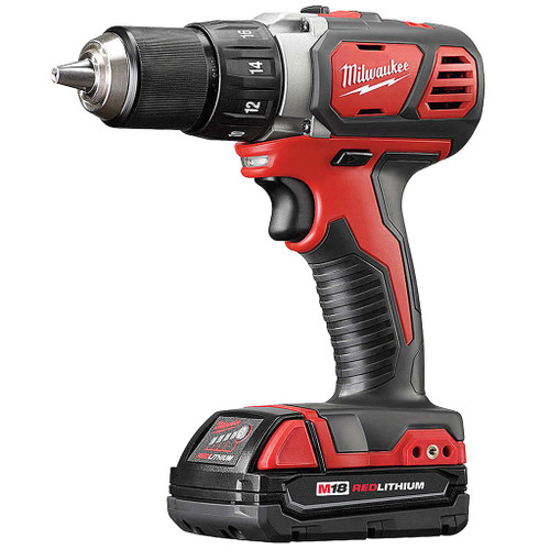 red and black cordless Milwaukee M18 Compact 1/2" Drill Driver Kit with 18V battery and LED light
