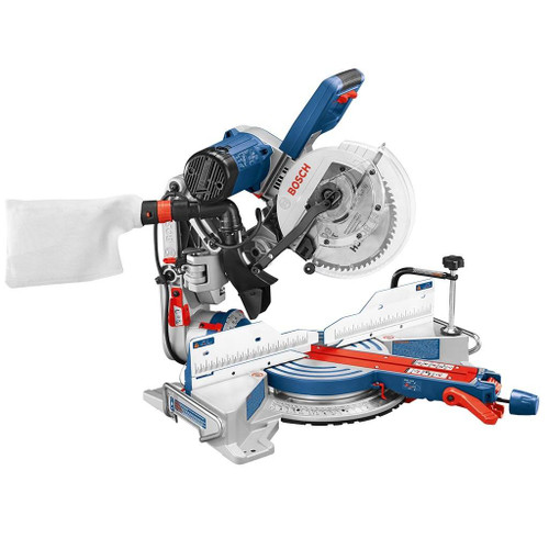 blue and white Bosch 10" Dual-Bevel Glide Miter Saw with dust collection bag and clear blade guard