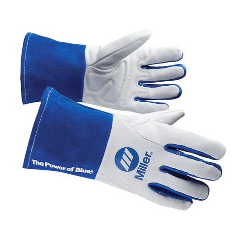 two gray and blue Premium TIG welding gloves with miller logo in size large