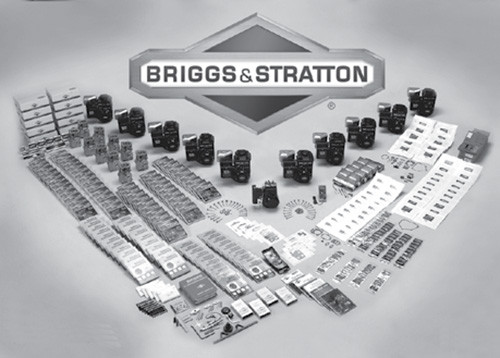 black and white image of all parts in briggs and stratton advanced engine training kit for 20 students