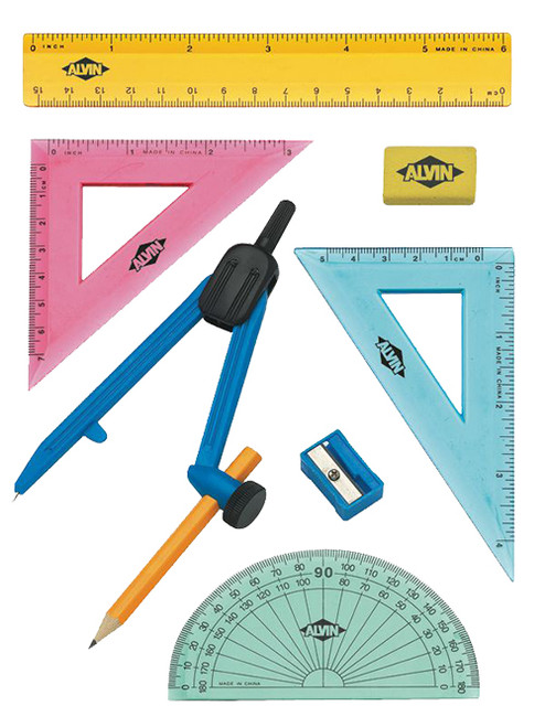 alvin 8-piece geometry templates set includes ruler, protractor, 3" triangle, 4" triangle and more