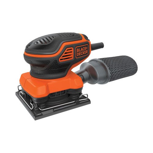 orange and black black&decker 1/4 sheet finishing sander with paddle switch and dust collector