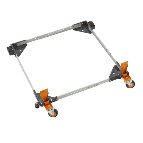 all-steel square frame with foot-operated steel locking levers on wheels adjusts in 1" increments
