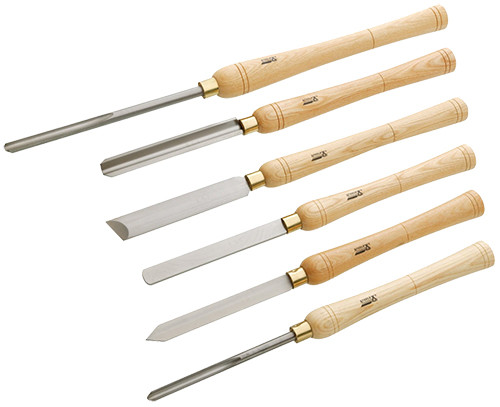 6 woodworking lathe chisel tools with thick ash handles, brass ferrules and high speed steel blades