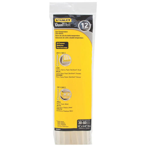 plastic yellow and black package with 12 dual-temp glue sticks that are 10" long and 0.45" in diameter