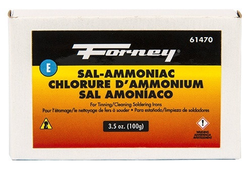 white box with black, yellow, and orange label stating sal-ammoniac for tinning/cleaning soldering irons
