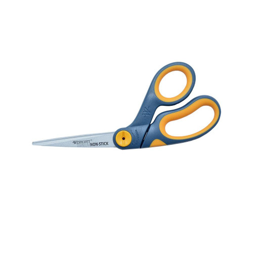 blue and orange handled scissors with blades made from titanium with non-stick coating bonded to them