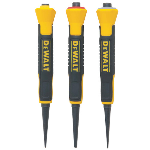 3 flared comfort grip black and yellow dewalt nails with different sized tips and color coded ends