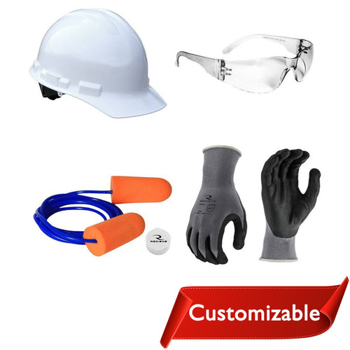 white hard hat, safety glasses with clear frame and clear lens, orange foam earplugs, safety gloves