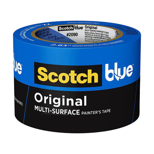roll of blue 3m scotchblue painter's tape wrapping in protective plastic blue and white packaging with text