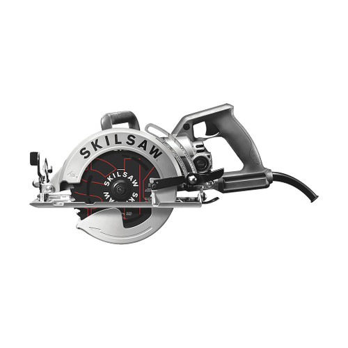 silver aluminum and steel skilsaw with red diablo 24 tooth blade, wrench and black power cord