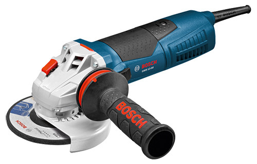 horizontal blue, black and white angle grinder with white blade cover and black soft-grip handle