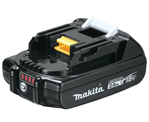 black rectangular makita 2.0Ah, 18V lithium-ion battery with white and yellow attachment pieces