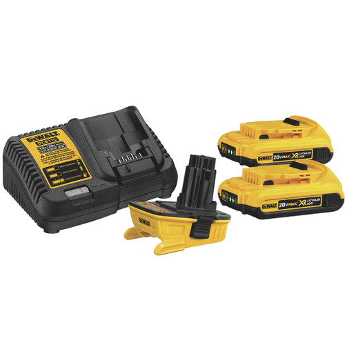 black DeWalt battery charger with one yellow and black adapter and two yellow drill batteries