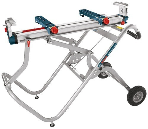 steel bosch gravity-rise wheeled miter saw stand has integrated rubber wheels, supports 18' of material