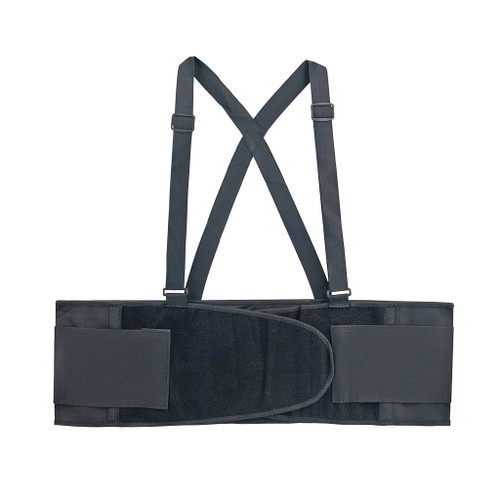 size medium black back support belt with adjustable shoulder straps and elastic outer panels